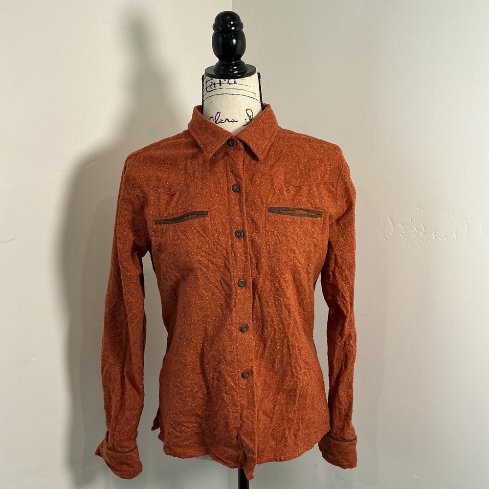 Patagonia Wool Silk Blend Button Down Shirt Rust Orange Speckled Western 10 L